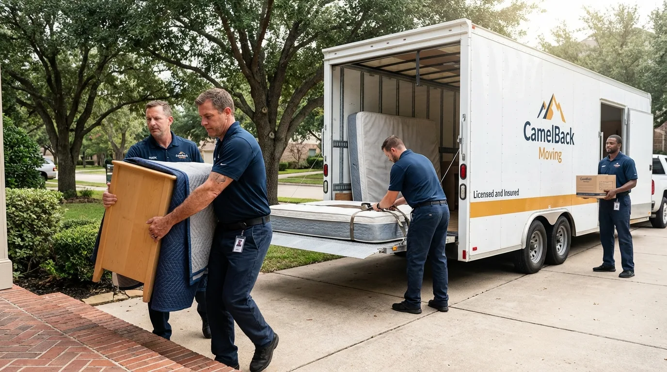 Crew loading residential truck for cross-state move from Prague, OK
