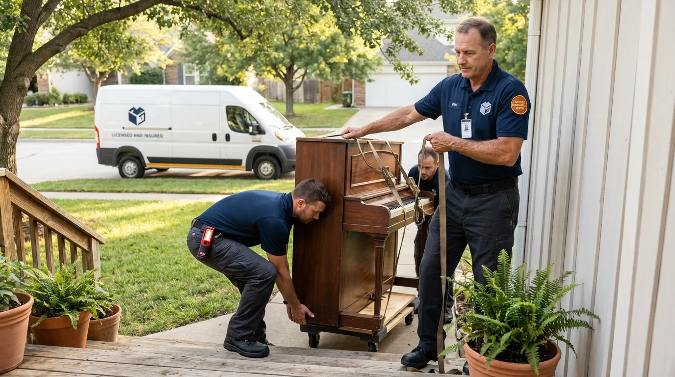 Licensed piano movers securing grand piano in Prague, OK
