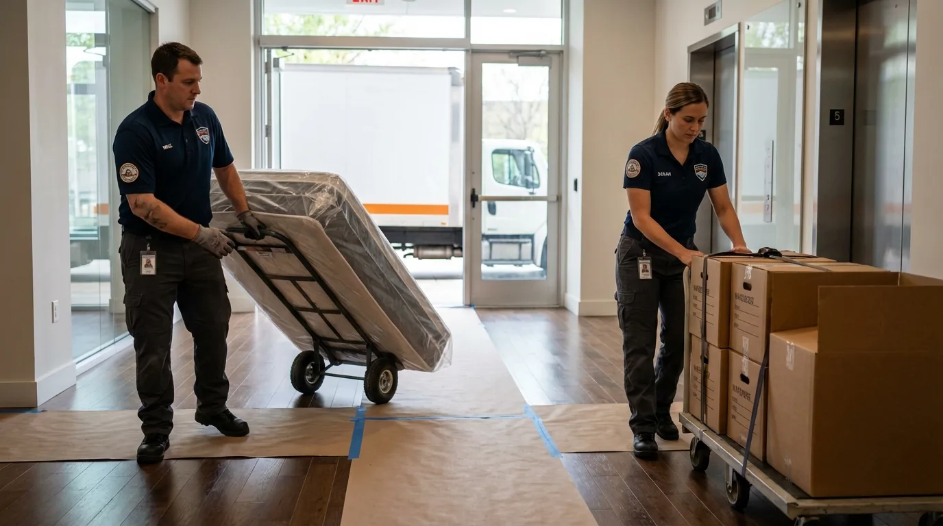 Professional apartment movers loading elevator in Prague, OK